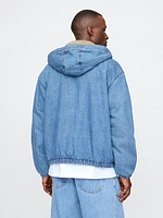 Oversized Sherpa-Lined Denim Zip Hoodie