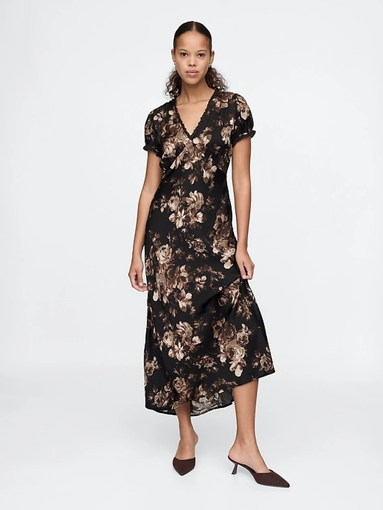 Satin Lace-Trim Floral Maxi Dress