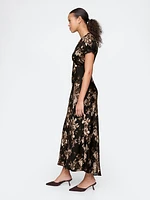 Satin Lace-Trim Floral Maxi Dress