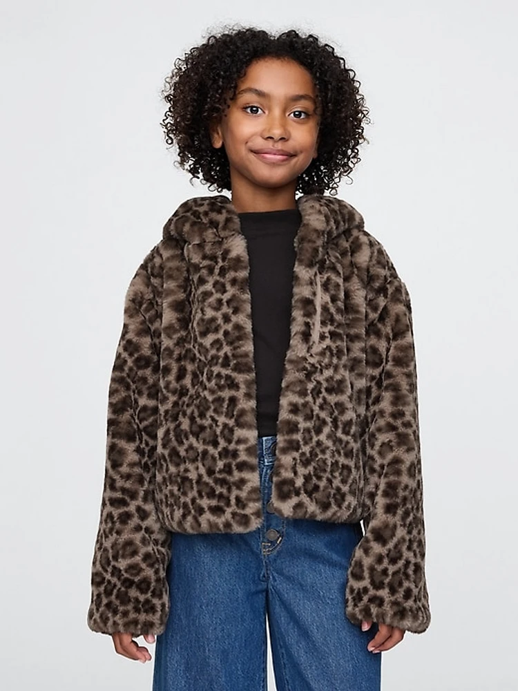 Kids Recycled Leopard Faux Fur Jacket