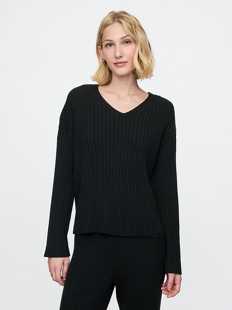 CashSoft Wide Rib V-Neck Sweater