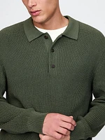 Shaker-Stitch Polo Sweater