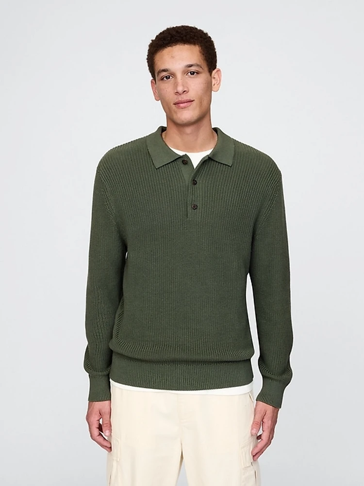 Shaker-Stitch Polo Sweater