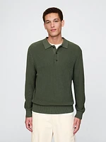 Shaker-Stitch Polo Sweater