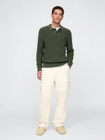 Shaker-Stitch Polo Sweater