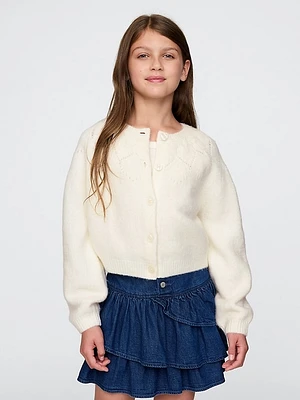 Kids Cropped Pointelle Heart Cardigan