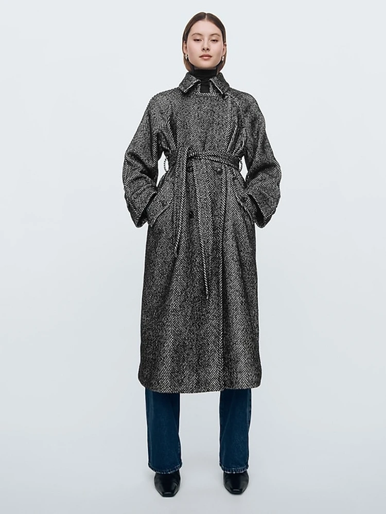 Double-Breasted Herringbone Belted Trench Coat