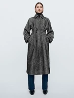 Double-Breasted Herringbone Belted Trench Coat