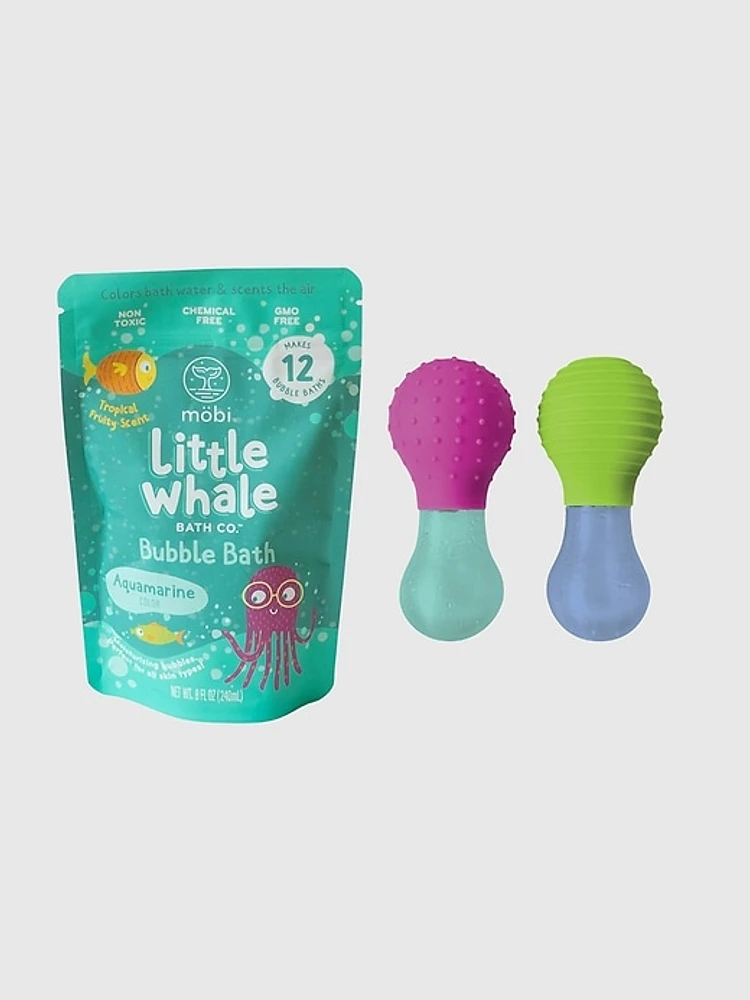 Mobi Little Whale Aquamarine Bubble Bath Powder and Bath Toy Bundle