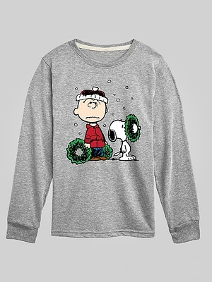 Kids Peanuts Charlie Brown and Snoopy Christmas Wreath Long Sleeve Graphic Tee