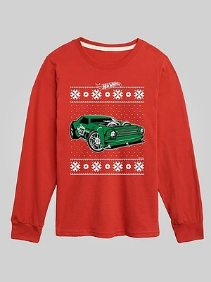 Toddler Hot Wheels Holiday Sweater Pattern Long Sleeve Graphic Tee