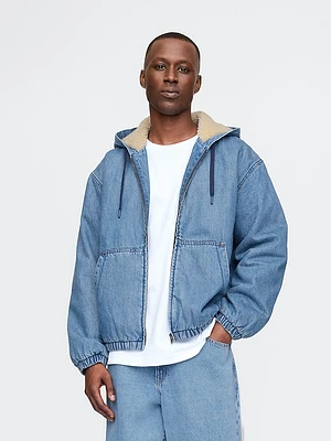 Oversized Sherpa-Lined Denim Zip Hoodie