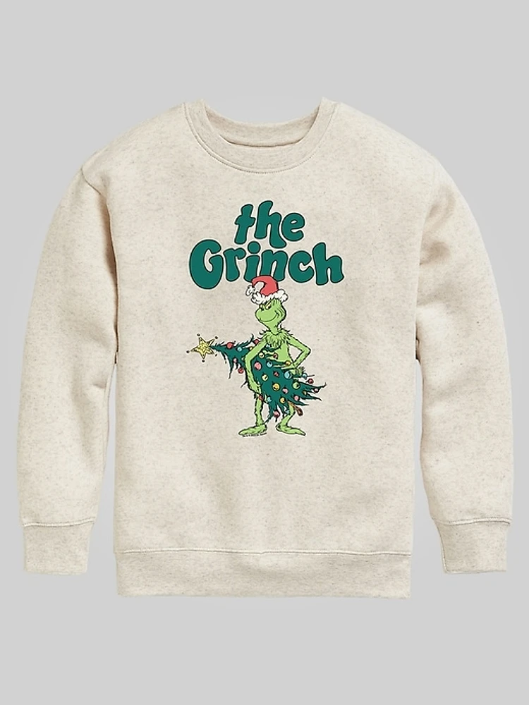 Kids Dr Seuss the Grinch Christmas Tree Crew Fleece Graphic Sweatshirt