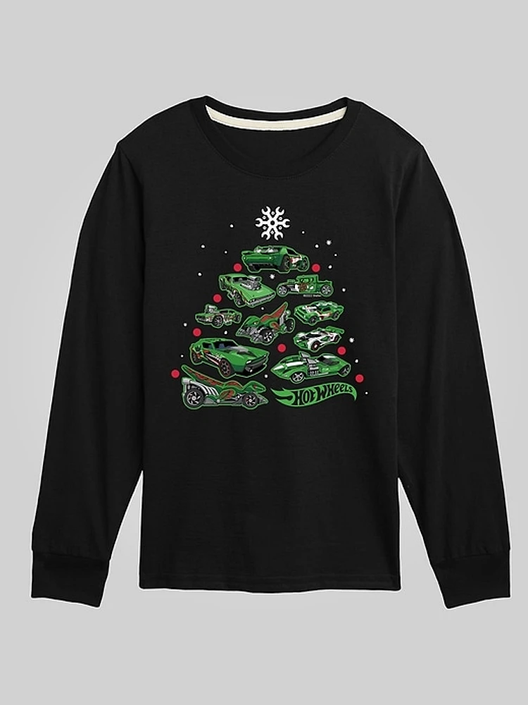 Kids Hot Wheels Car Christmas Tree Long Sleeve Graphic Tee