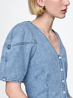 Cropped Puff-Sleeve Denim Shirt