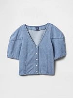 Cropped Puff-Sleeve Denim Shirt