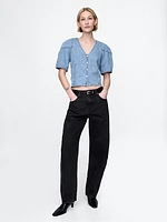 Cropped Puff-Sleeve Denim Shirt