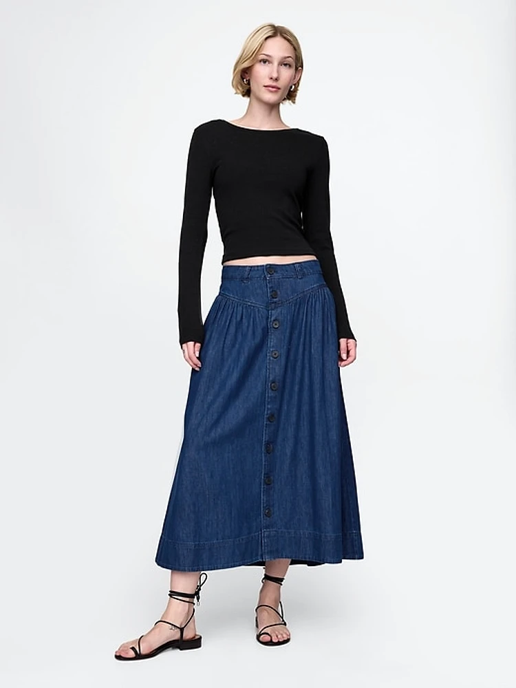 Denim Western Yoke Midi Skirt