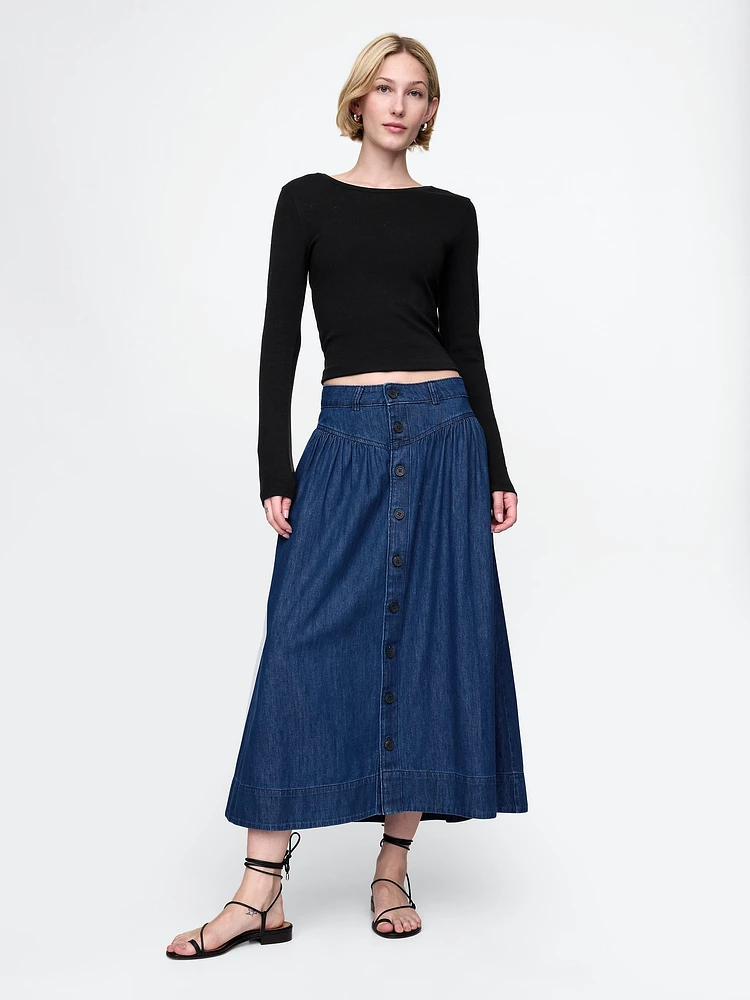 Denim Western Yoke Maxi Skirt