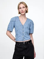 Cropped Puff-Sleeve Denim Shirt