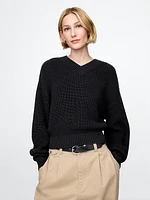 Shaker-Stitch V-Neck Sweater