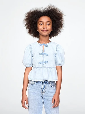 Kids Puff-Sleeve Peplum Bow Top