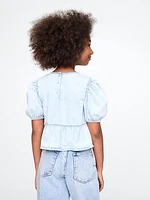 Kids Puff-Sleeve Denim Peplum Shirt