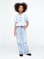 Kids Puff-Sleeve Denim Peplum Shirt