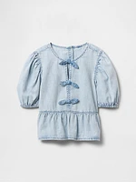 Kids Puff-Sleeve Denim Peplum Shirt