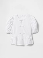 Kids Puff-Sleeve Peplum Bow Top