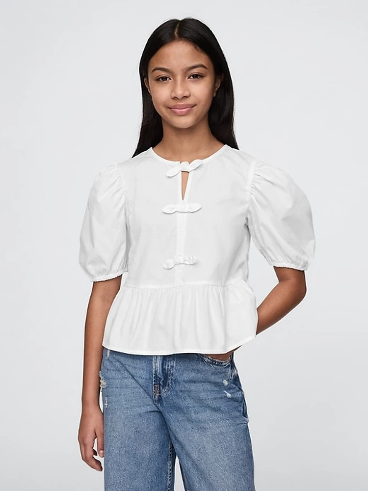 Kids Puff-Sleeve Peplum Bow Top