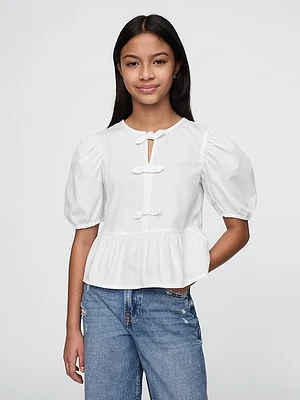 Kids Puff-Sleeve Peplum Bow Top