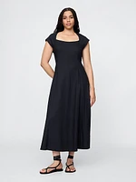 Linen-Blend Cap-Sleeve Midi Dress