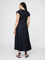 Linen-Blend Cap-Sleeve Midi Dress