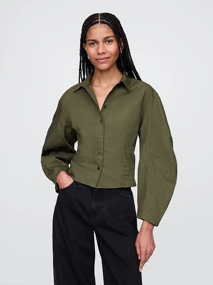 Organic Cotton Poplin Barrel-Sleeve Cropped Shirt