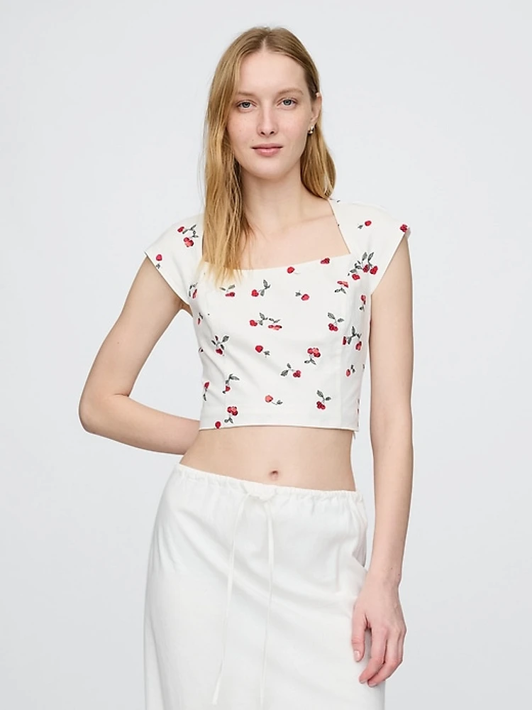 Linen-Blend Cap-Sleeve Cropped Top