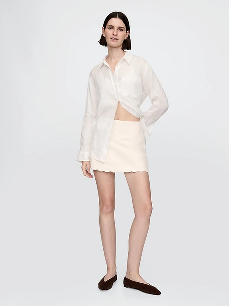 Linen-Blend Scalloped Mini Skirt