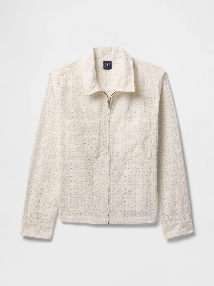 Poplin Eyelet Full-Zip Pocket Shirt