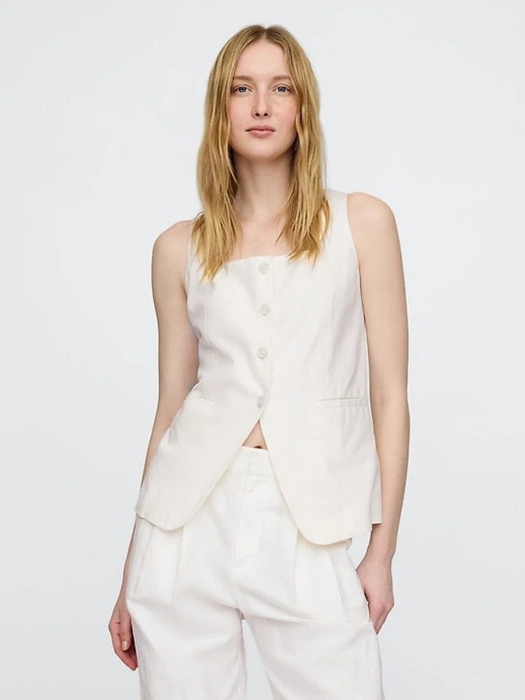 Linen-Blend Square-Neck Longline Vest