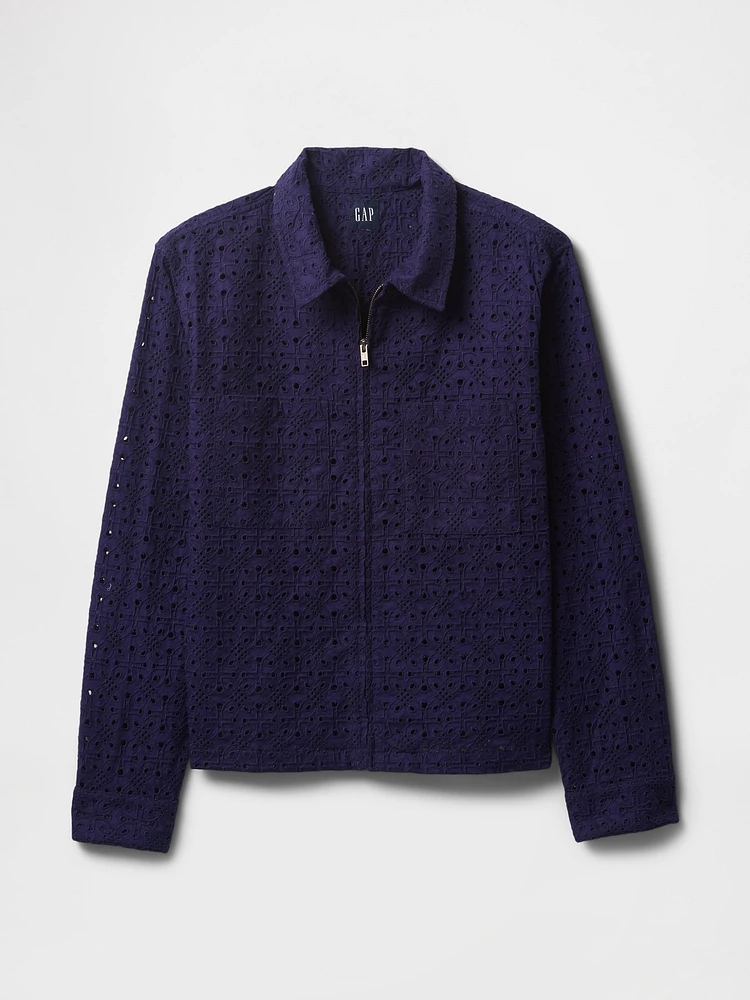 Poplin Eyelet Full-Zip Pocket Shirt
