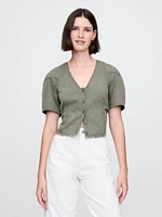 Barrel-Sleeve Cropped Denim Shirt