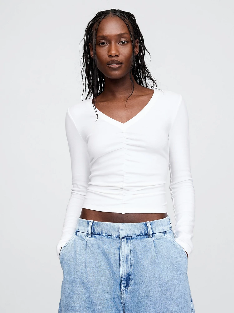 Modern Ruched V-Neck Crop T-Shirt