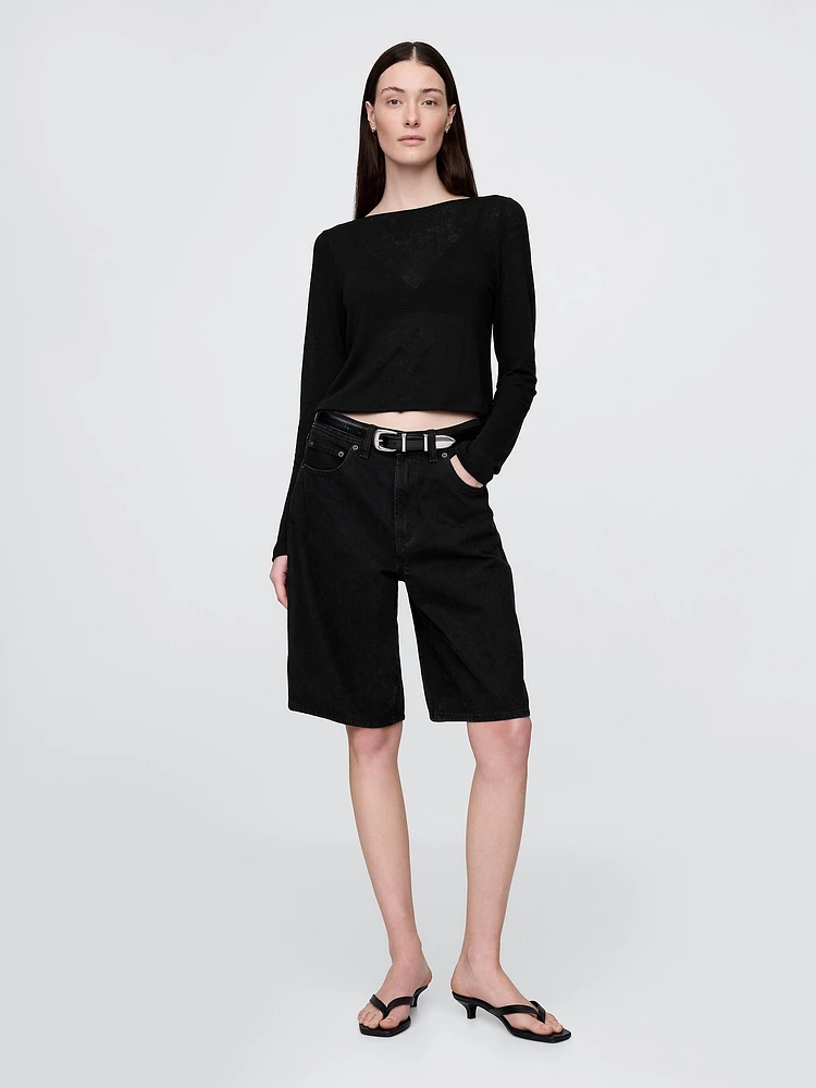Linen-Blend Boatneck Crop T-Shirt
