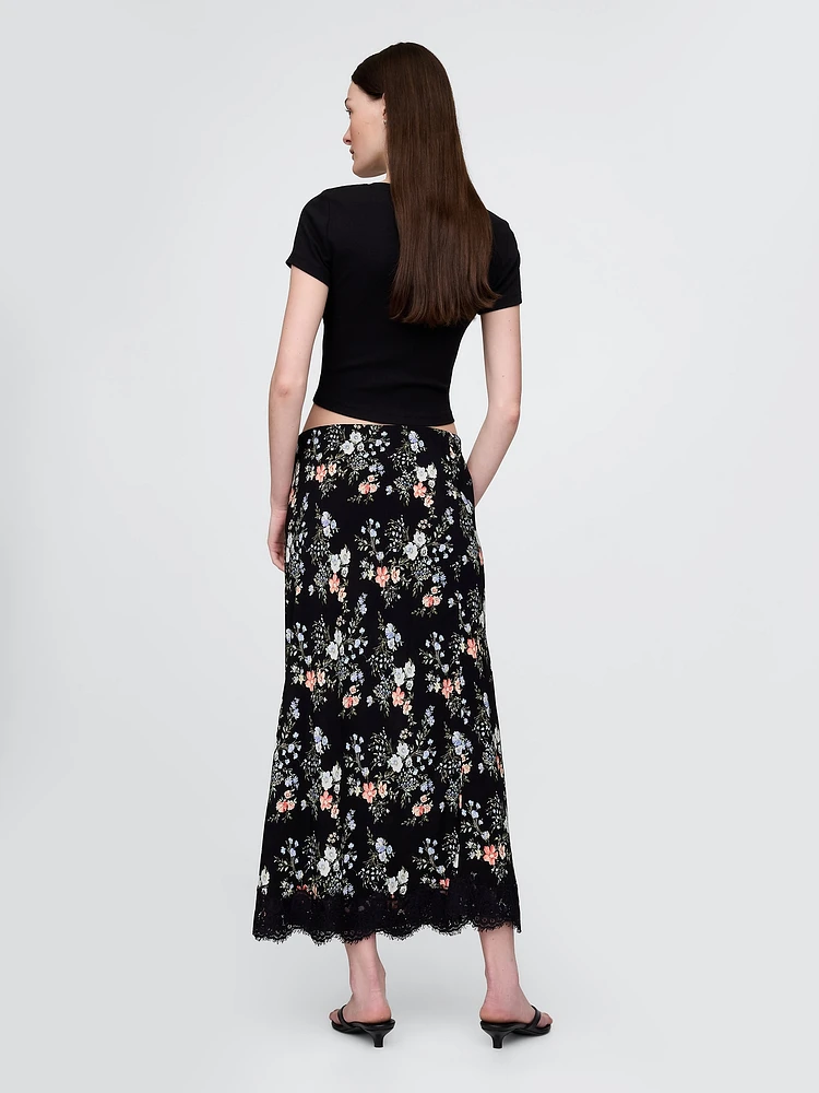 Crepe Lace-Trim Maxi Skirt