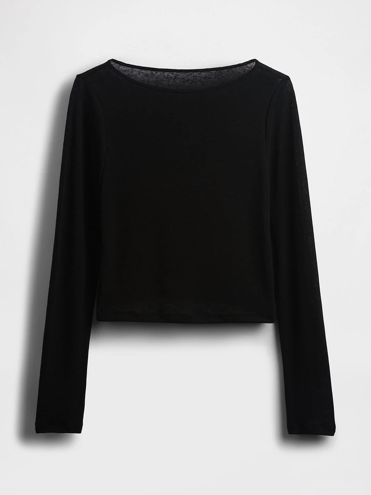 Linen-Blend Boatneck Crop T-Shirt