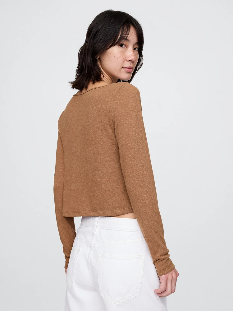Linen-Blend Boatneck Crop T-Shirt