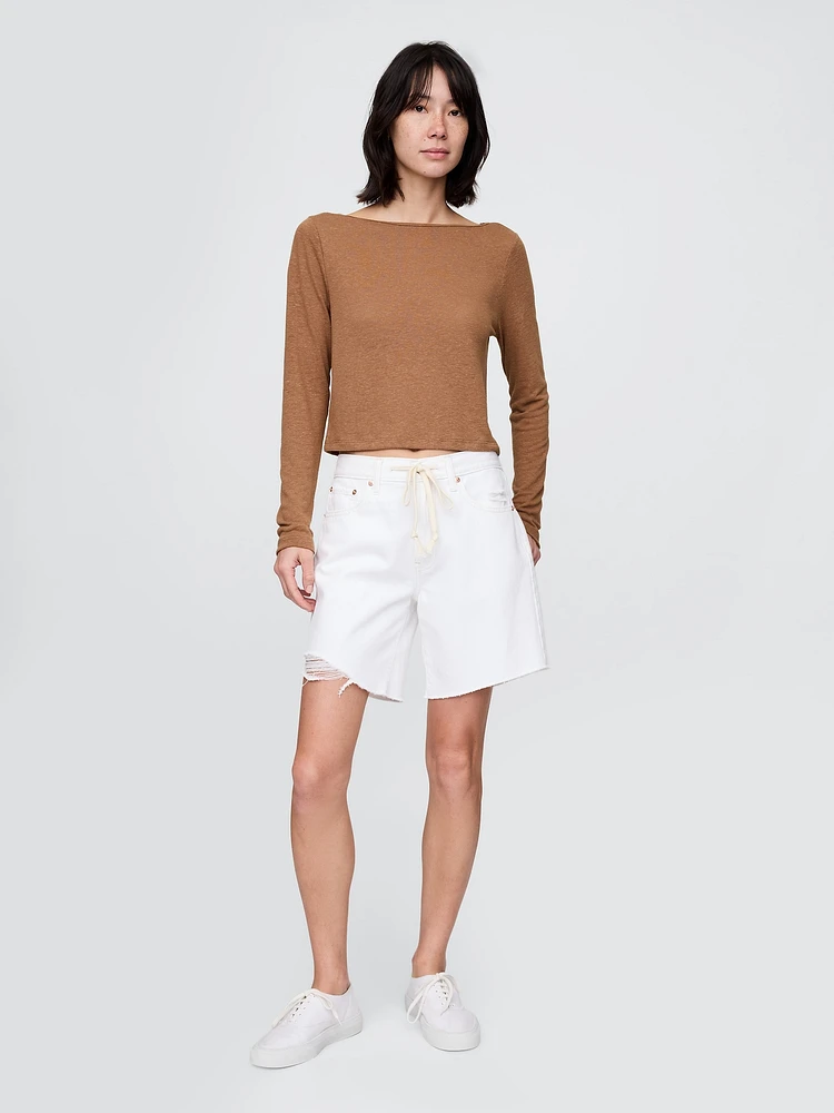 Linen-Blend Boatneck Crop T-Shirt