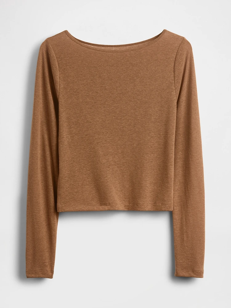 Linen-Blend Boatneck Crop T-Shirt