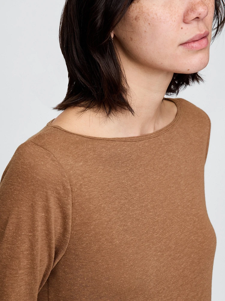 Linen-Blend Boatneck Crop T-Shirt