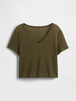 Linen-Blend Cropped V-Neck T-Shirt